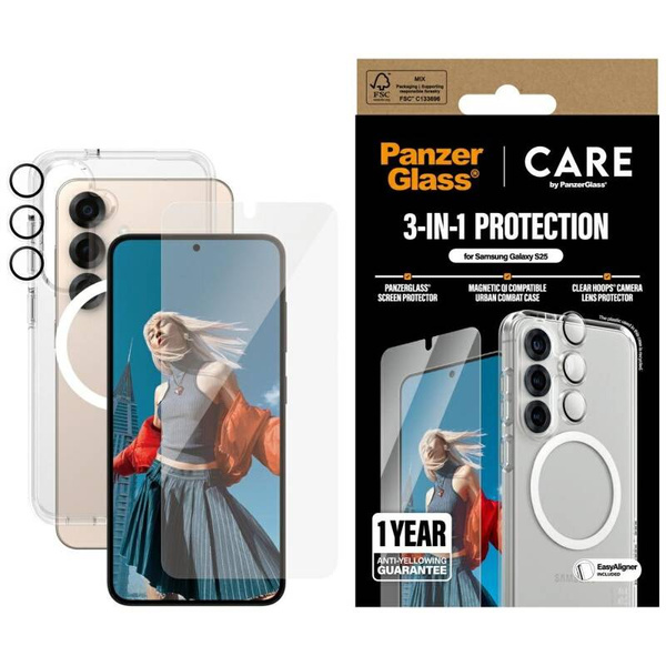 ETUI + SZKŁO + LENS DO SAMSUNG S25 CARE BY PANZERGLASS 3W1 ZESTAW OCHRONNY