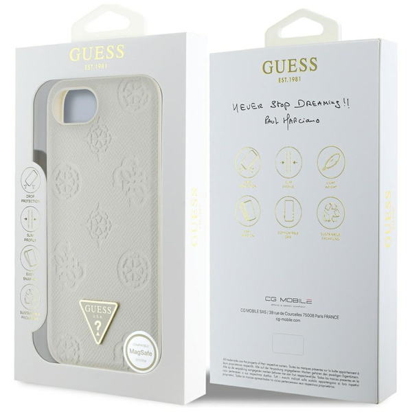 ETUI DO IPHONE 16E GUESS GRAINED HOT STAMP PEONY TRIANGLE LOGO BEŻOWE