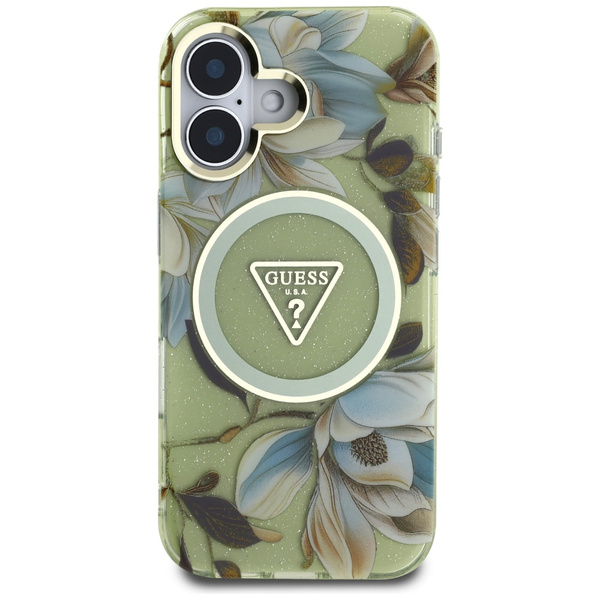 ETUI DO IPHONE 16 GUESS GLITTER FLOWERS TRIANGLE BUTTONS MAGSAFE ZIELONY