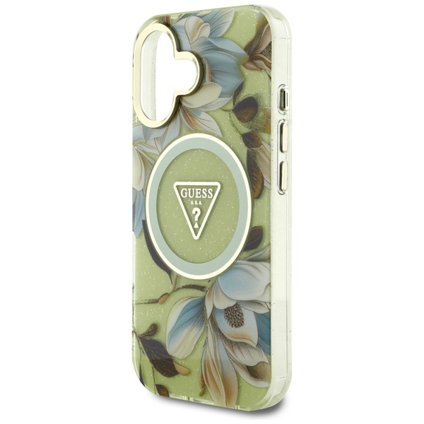 ETUI DO IPHONE 16 GUESS GLITTER FLOWERS TRIANGLE BUTTONS MAGSAFE ZIELONY