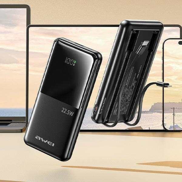 POWERBANK 10000 mAh 22.5 W Z KABLAMI PD AWEI P76K