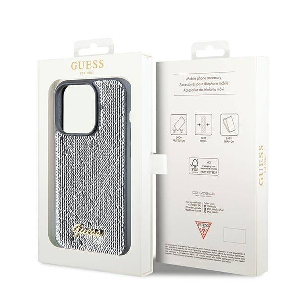ETUI GUESS SEQUIN SCRIPT METAL DO IPHONE 14 PRO MAX SILVER