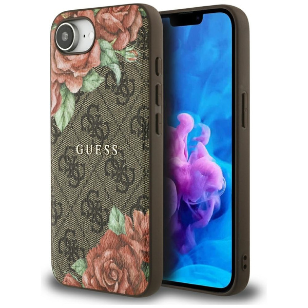 ETUI DO IPHONE 16E GUESS 4G FLOWERS PRINT MAGSAFE BRĄZOWE