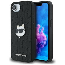 ETUI DO IPHONE 16E KARL LAGERFELD MONOGRAM CHOUPETTE HEAD PIN CZARNE
