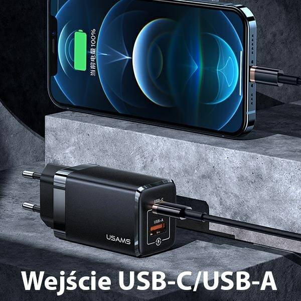 SZYBKA ŁADOWARKA SIECIOWA USAMS USB-C + USB 47W BLACK