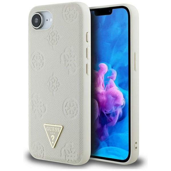 ETUI DO IPHONE 16E GUESS GRAINED HOT STAMP PEONY TRIANGLE LOGO BEŻOWE