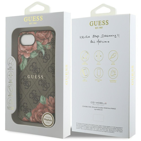 ETUI DO IPHONE 16E GUESS 4G FLOWERS PRINT MAGSAFE BRĄZOWE