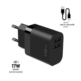 ŁADOWARKA SIECIOWA 2XUSB I KABEL USB/MICRO USB FIXED ZESTAW 1M 17W CZARNA