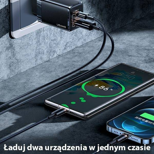SZYBKA ŁADOWARKA SIECIOWA USAMS USB-C + USB 47W BLACK