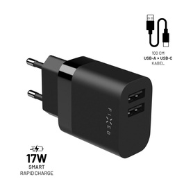 ŁADOWARKA SIECIOWA 2XUSB I KABEL USB/USB-C FIXED ZESTAW 1M 17W CZARNA