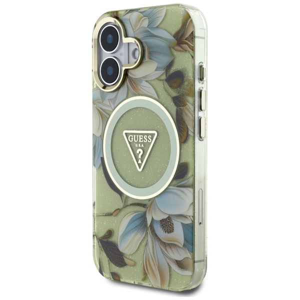 ETUI DO IPHONE 16 GUESS GLITTER FLOWERS TRIANGLE BUTTONS MAGSAFE ZIELONY