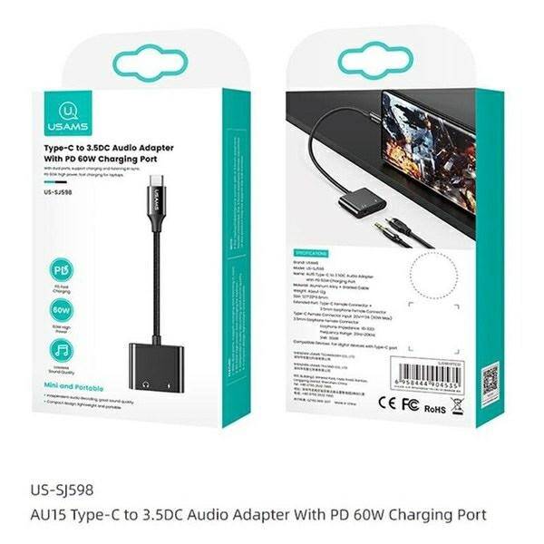 ADAPTER USB-C - JACK 3.5M USAMS AU15 DAC + USB-C PD60W CZARNY PRZEJŚCIÓWKA