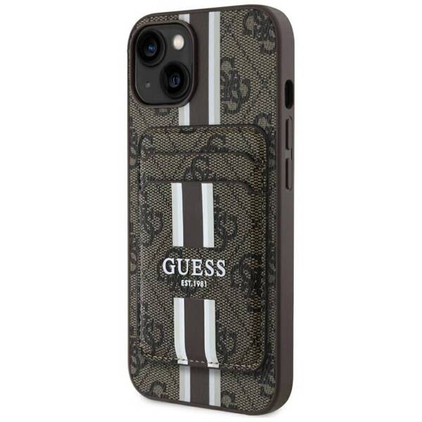 ETUI DO IPHONE 15 GUESS 4G STRIPES Z PORTFELEM MAGSAFE BRĄZOWY