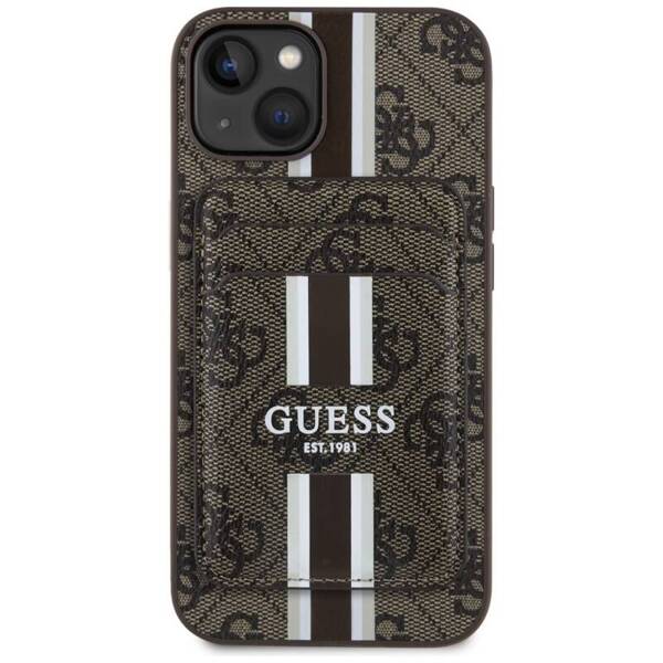 ETUI DO IPHONE 15 GUESS 4G STRIPES Z PORTFELEM MAGSAFE BRĄZOWY