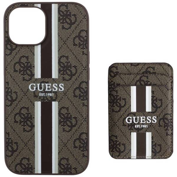 ETUI DO IPHONE 15 GUESS 4G STRIPES Z PORTFELEM MAGSAFE BRĄZOWY