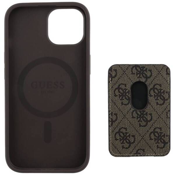 ETUI DO IPHONE 15 GUESS 4G STRIPES Z PORTFELEM MAGSAFE BRĄZOWY