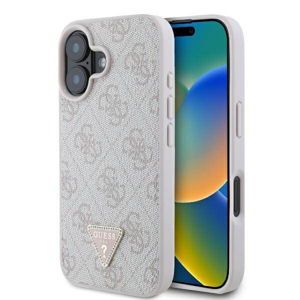 ETUI DO IPHONE 16 6.1" GUESS LEATHER 4G TRIANGLE STRASS MAGSAFE RÓŻOWE