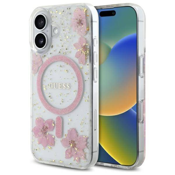 ETUI DO IPHONE 16 6.1" GUESS RESIN FLOWER GLITTER MAGSAFE RÓŻOWE