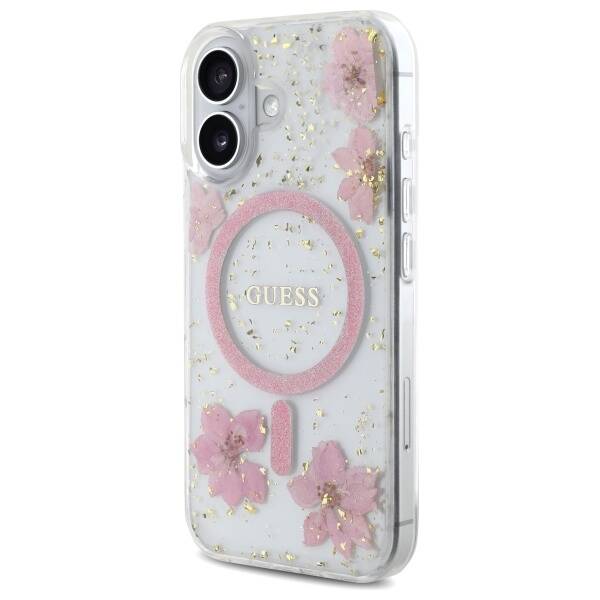 ETUI DO IPHONE 16 6.1" GUESS RESIN FLOWER GLITTER MAGSAFE RÓŻOWE