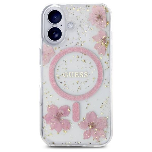 ETUI DO IPHONE 16 6.1" GUESS RESIN FLOWER GLITTER MAGSAFE RÓŻOWE