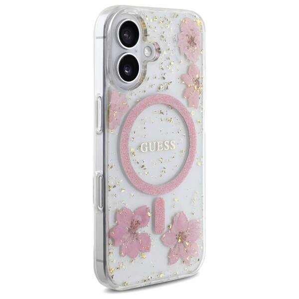 ETUI DO IPHONE 16 6.1" GUESS RESIN FLOWER GLITTER MAGSAFE RÓŻOWE