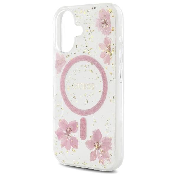 ETUI DO IPHONE 16 6.1" GUESS RESIN FLOWER GLITTER MAGSAFE RÓŻOWE