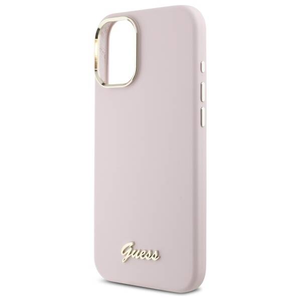 ETUI DO IPHONE 16 6.1" GUESS SILICONE SCRIPT METAL LOGO & FRAME RÓŻOWE