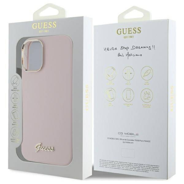 ETUI DO IPHONE 16 6.1" GUESS SILICONE SCRIPT METAL LOGO & FRAME RÓŻOWE