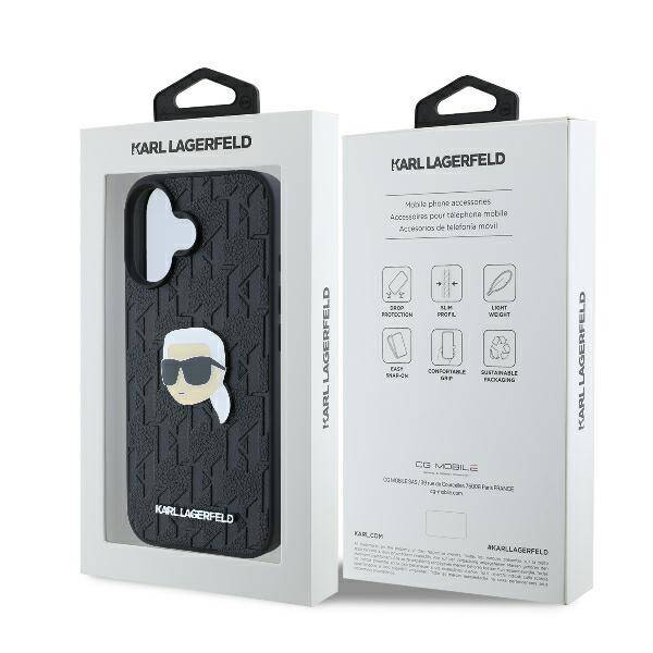 ETUI DO IPHONE 16 6.1" KARL LAGERFELD MONOGRAM KARL HEAD PIN CZARNE