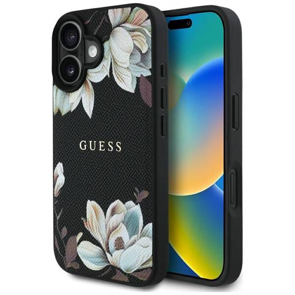 ETUI DO IPHONE 16 GUESS GRAINED PRINTED FLOWER PATTERN MAGSAFE CZARNY