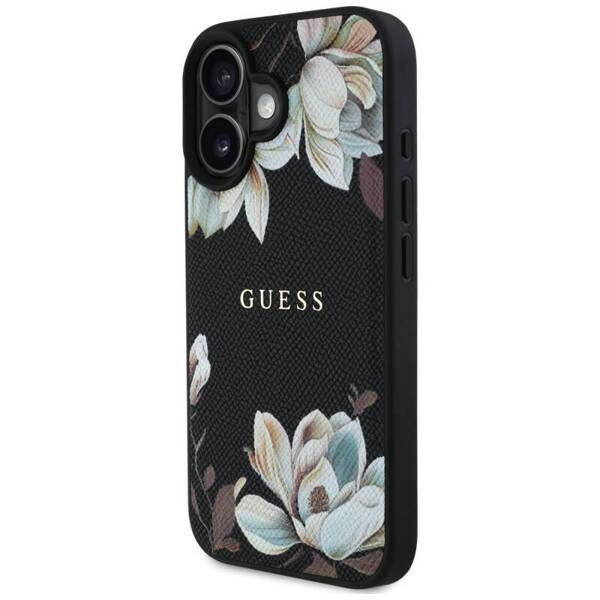 ETUI DO IPHONE 16 GUESS GRAINED PRINTED FLOWER PATTERN MAGSAFE CZARNY