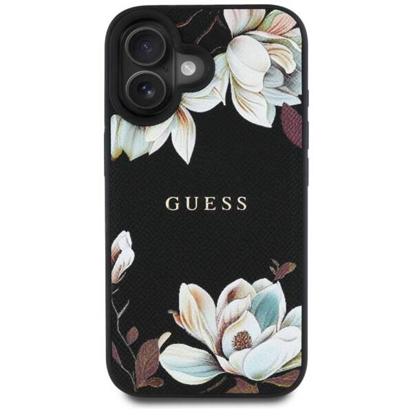 ETUI DO IPHONE 16 GUESS GRAINED PRINTED FLOWER PATTERN MAGSAFE CZARNY