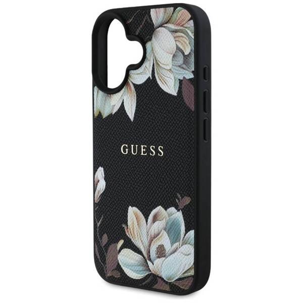 ETUI DO IPHONE 16 GUESS GRAINED PRINTED FLOWER PATTERN MAGSAFE CZARNY