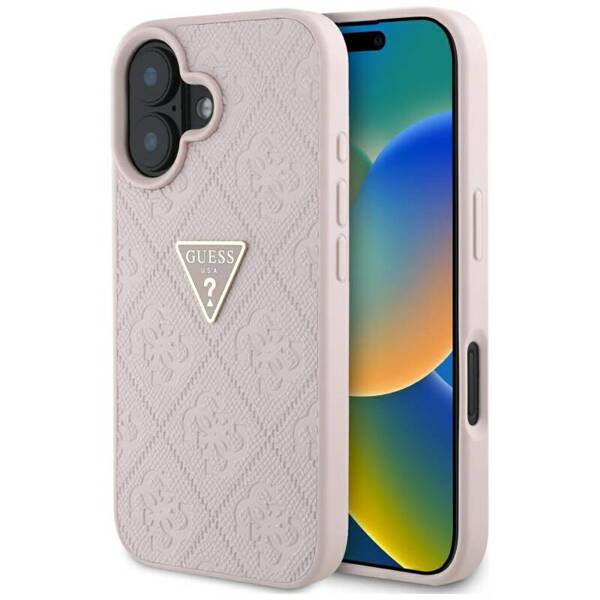 ETUI DO IPHONE 16 GUESS HOT STAMP 4G PATTERN TRIANGLE  METAL LOGO RÓŻOWY