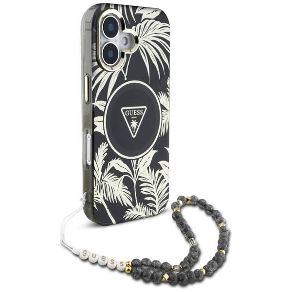 ETUI DO IPHONE 16 GUESS PALM TREES TRIANGLE PEARL STRAP MAGSAFE CZARNY