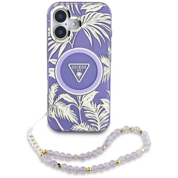 ETUI DO IPHONE 16 GUESS PALM TREES TRIANGLE PEARL STRAP MAGSAFE FIOLETOWY