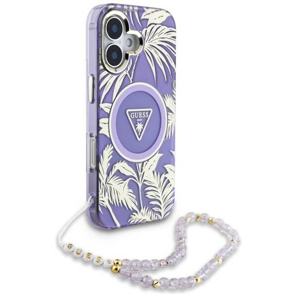 ETUI DO IPHONE 16 GUESS PALM TREES TRIANGLE PEARL STRAP MAGSAFE FIOLETOWY