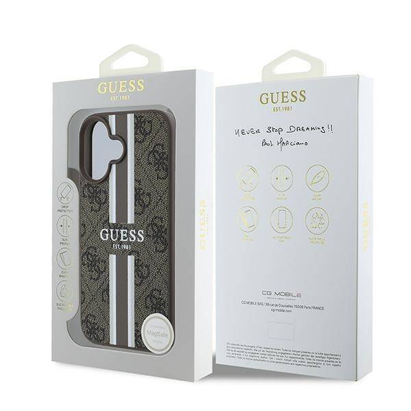 ETUI DO IPHONE 16 PLUS 6.7" GUESS 4G PRINTED STRIPES MAGSAFE BRĄZOWE