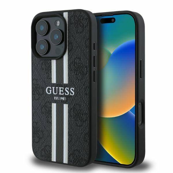 ETUI DO IPHONE 16 PRO 6.3" GUESS 4G PRINTED STRIPES MAGSAFE CZARNE