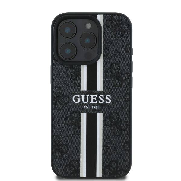 ETUI DO IPHONE 16 PRO 6.3" GUESS 4G PRINTED STRIPES MAGSAFE CZARNE