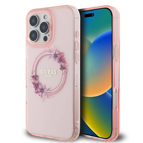 ETUI DO IPHONE 16 PRO 6.3" GUESS IML FLOWERS WREATH MAGSAFE RÓŻOWE