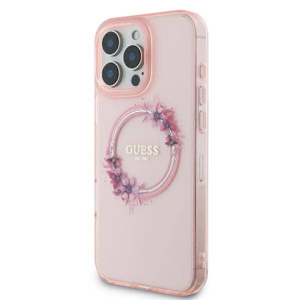 ETUI DO IPHONE 16 PRO 6.3" GUESS IML FLOWERS WREATH MAGSAFE RÓŻOWE