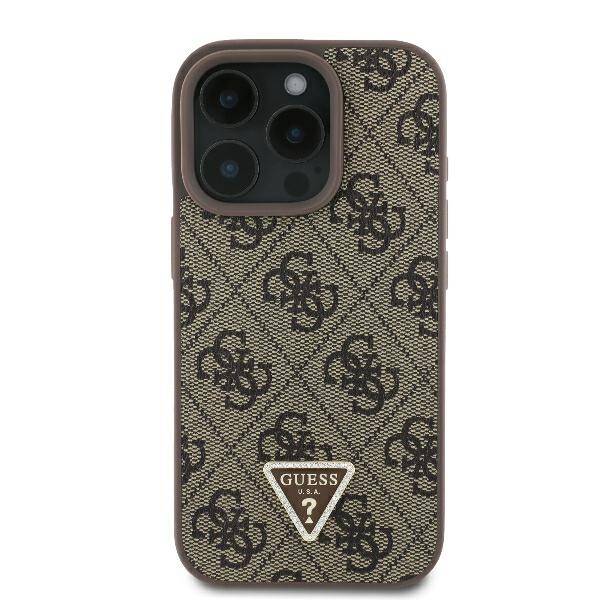 ETUI DO IPHONE 16 PRO 6.3" GUESS LEATHER 4G TRIANGLE STRASS MAGSAFE BRĄZOWE