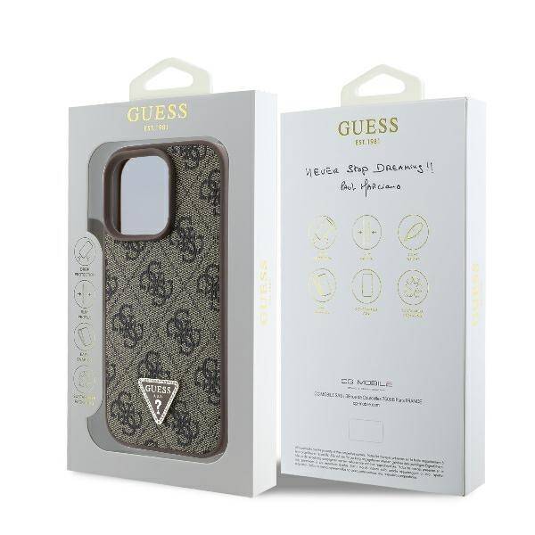 ETUI DO IPHONE 16 PRO 6.3" GUESS LEATHER 4G TRIANGLE STRASS MAGSAFE BRĄZOWE