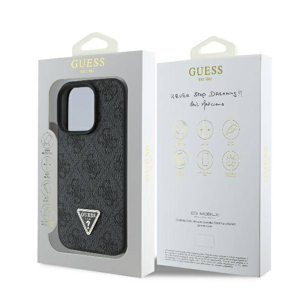 ETUI DO IPHONE 16 PRO 6.3" GUESS LEATHER 4G TRIANGLE STRASS MAGSAFE CZARNE