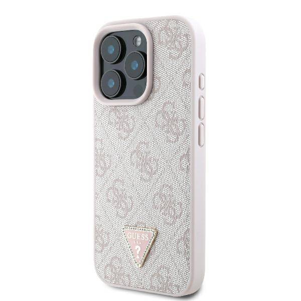 ETUI DO IPHONE 16 PRO 6.3" GUESS LEATHER 4G TRIANGLE STRASS MAGSAFE RÓŻOWE