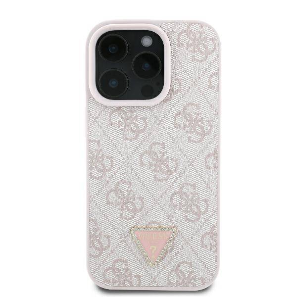 ETUI DO IPHONE 16 PRO 6.3" GUESS LEATHER 4G TRIANGLE STRASS MAGSAFE RÓŻOWE