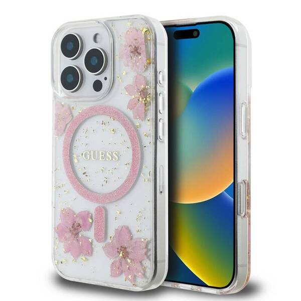 ETUI DO IPHONE 16 PRO 6.3" GUESS RESIN FLOWER GLITTER MAGSAFE RÓŻOWE