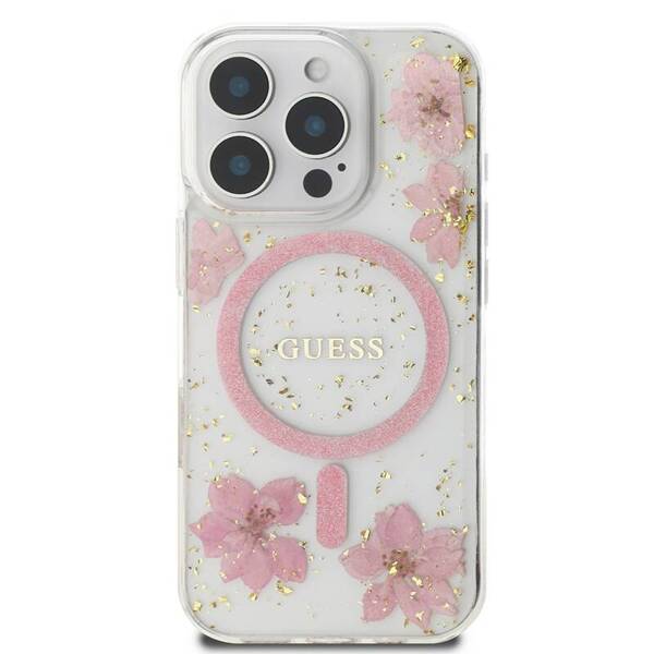 ETUI DO IPHONE 16 PRO 6.3" GUESS RESIN FLOWER GLITTER MAGSAFE RÓŻOWE