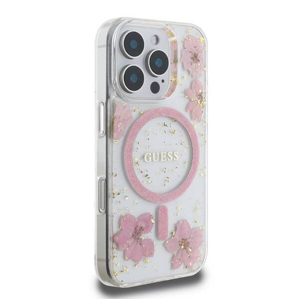 ETUI DO IPHONE 16 PRO 6.3" GUESS RESIN FLOWER GLITTER MAGSAFE RÓŻOWE